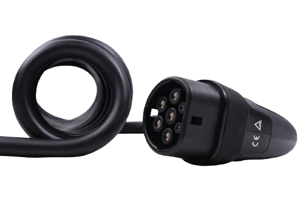 22kW Type 2 EV charging cable with coiled cable and open-end termination â€” front view